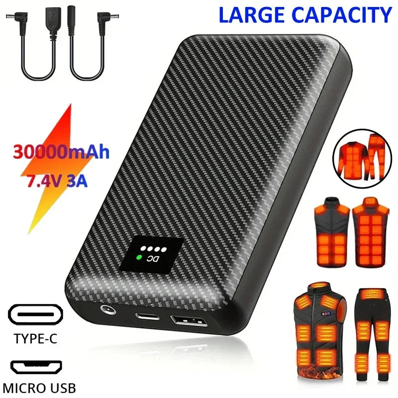 30000mAh Portable Heating Mobile Power Supply for Heated Vests, Jackets & Gloves – Electric Heating DC Power Bank