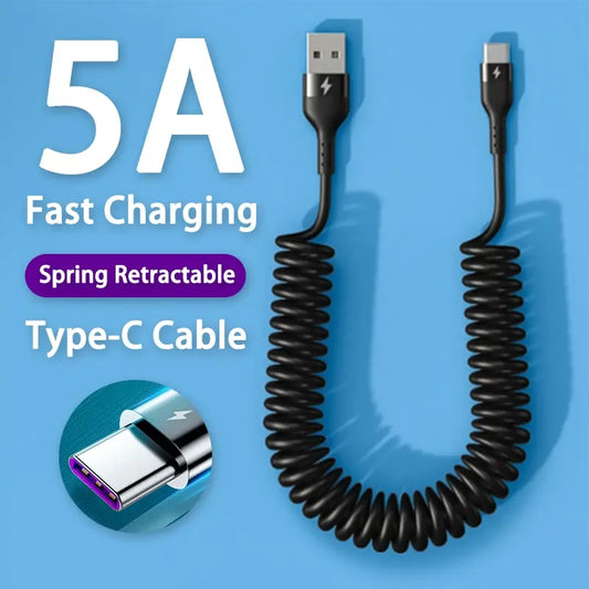 5A USB Type-C Fast Charging Cable - 60W Spring Telescopic Car Charger Cable