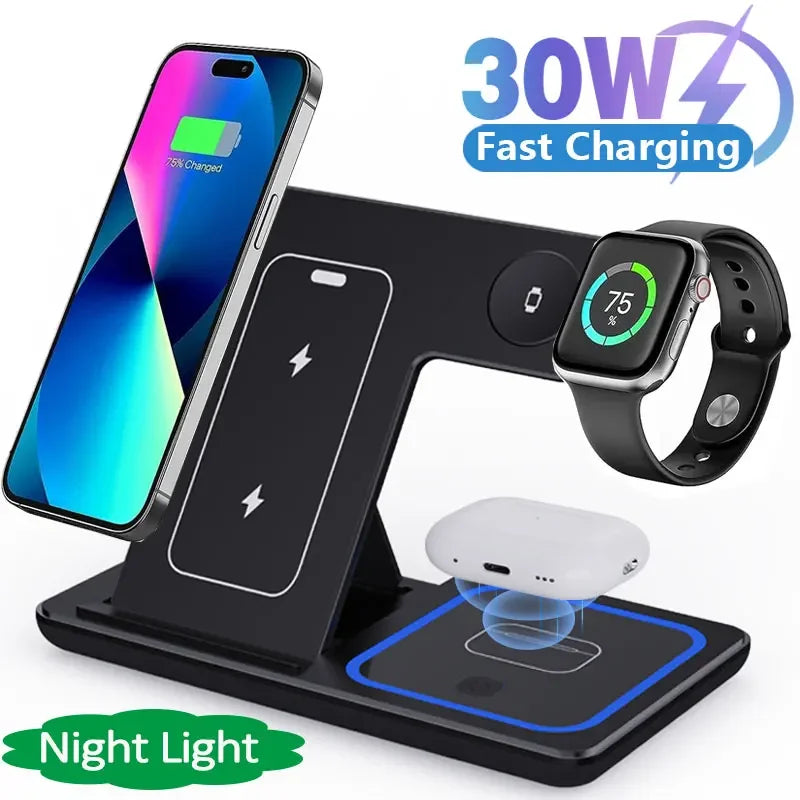 LED Fast Wireless Charging Station - Foldable Charging Stand for iPhone, AirPods Pro, & Apple Watch